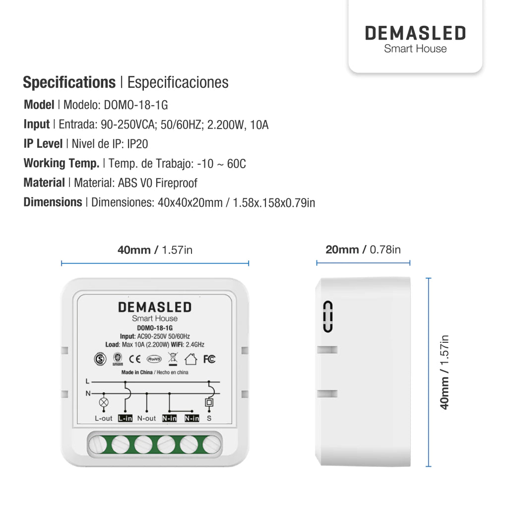 Mini Smart Switch WiFi+RF 1 Canal, 90-250Vac 50-60Hz 10A max 2.4GHz
